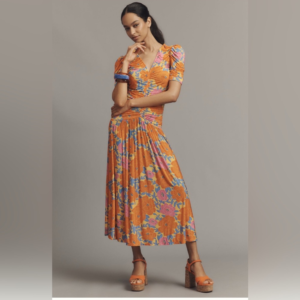 Orange Floral Midi Dress with V-Neck and Puff Sleeves